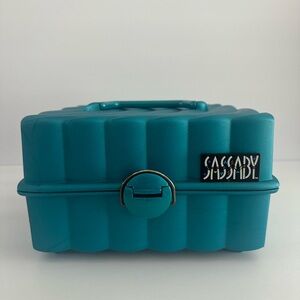 Vintage 80s Sassaby Make Up  Organizer Carrying Case Box Teal Green w/ Mirror